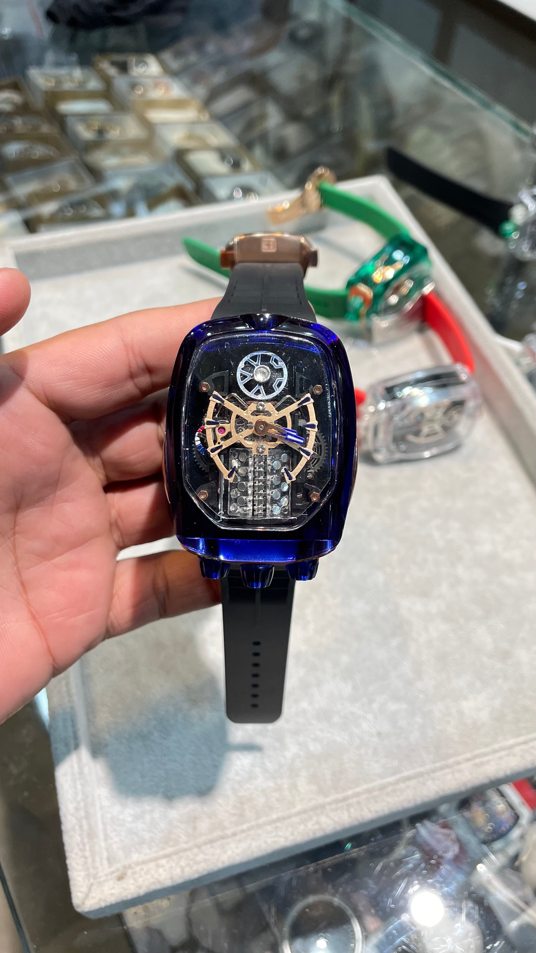 Luxury Semi Auto Bugatti Watch In Blue With White Strapes